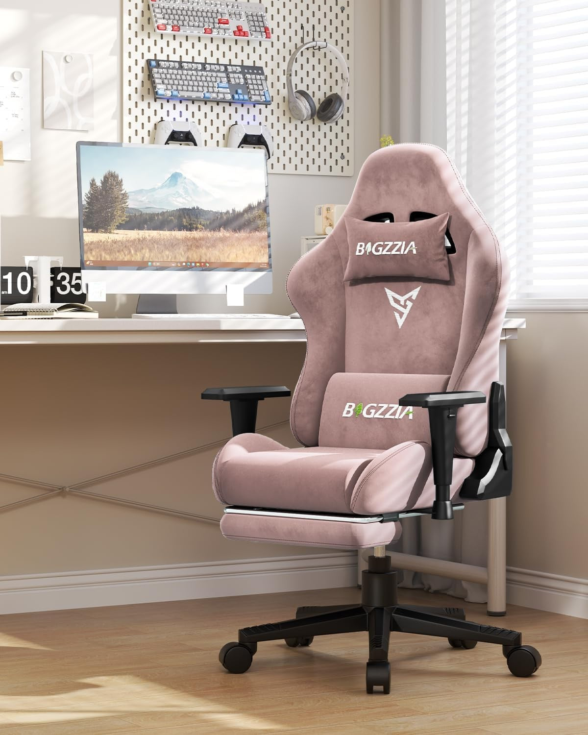 Pink Gaming Chair with Footrest 3D Armrests Velour Swivel