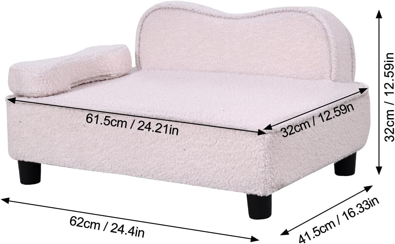 Pet Sofa Bed Teddy Velvet Dog Cat Couch w Wood Base Beige