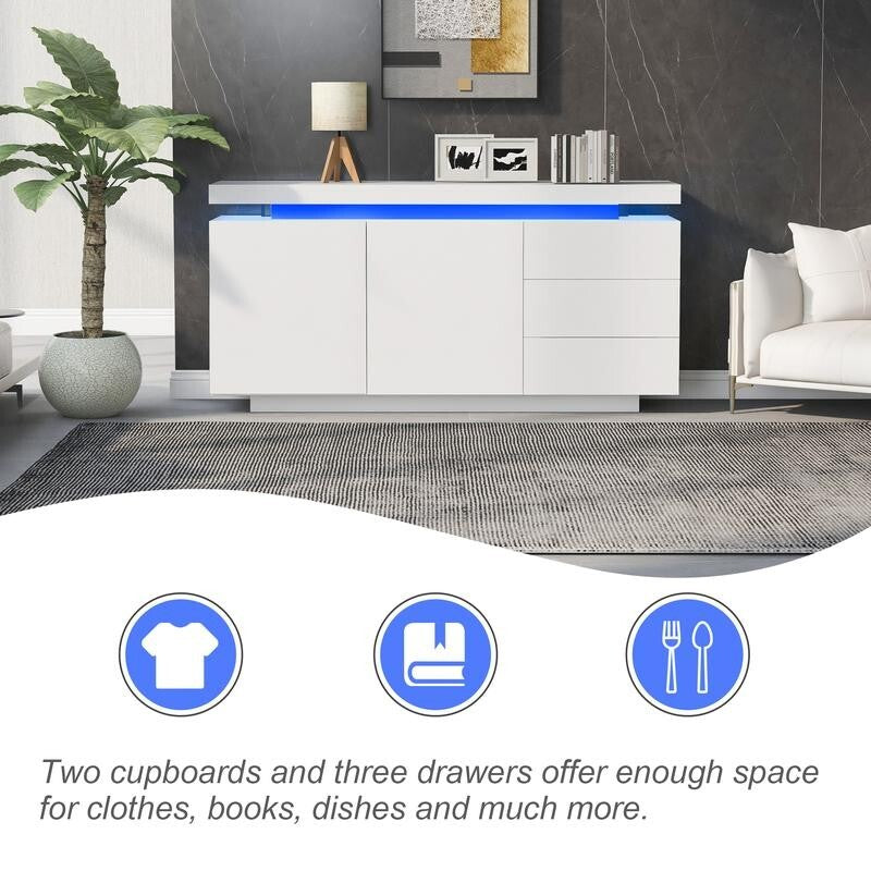 White High Gloss Sideboard LED Cabinet 2 Doors 3 Drawers Modern Unit