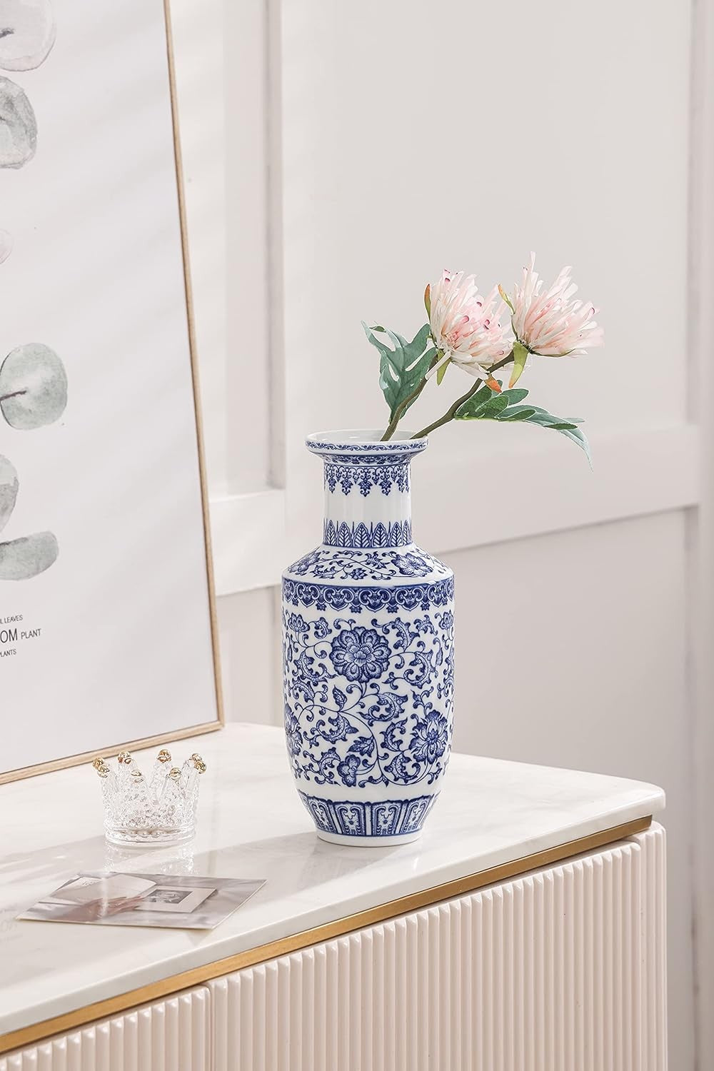 Blue White Chinoiserie Ceramic Vase 10in Glossy Floral Table Centerpiece
