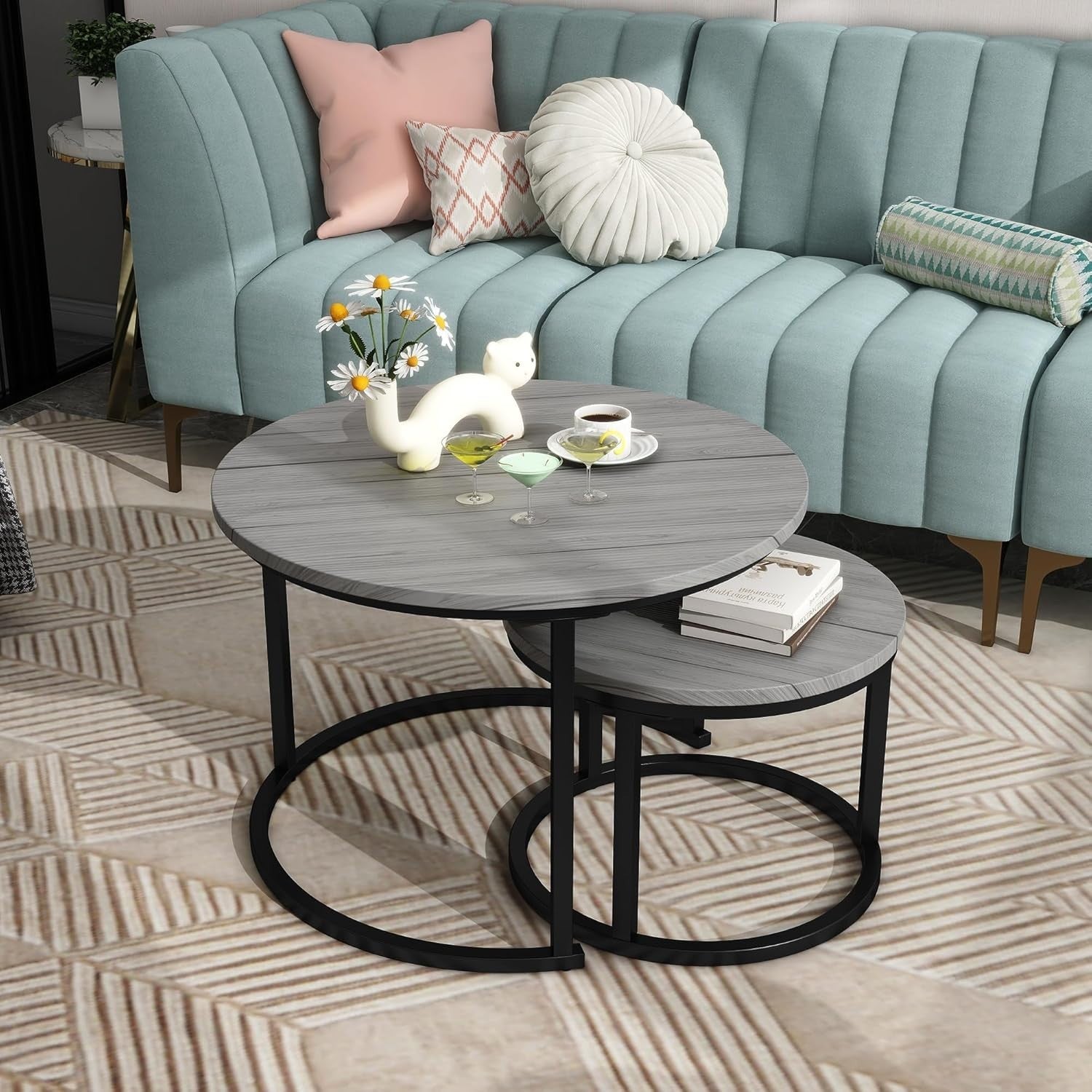 Round Nesting Coffee Table Set Grey Engineered Wood Steel Frame Space Saver