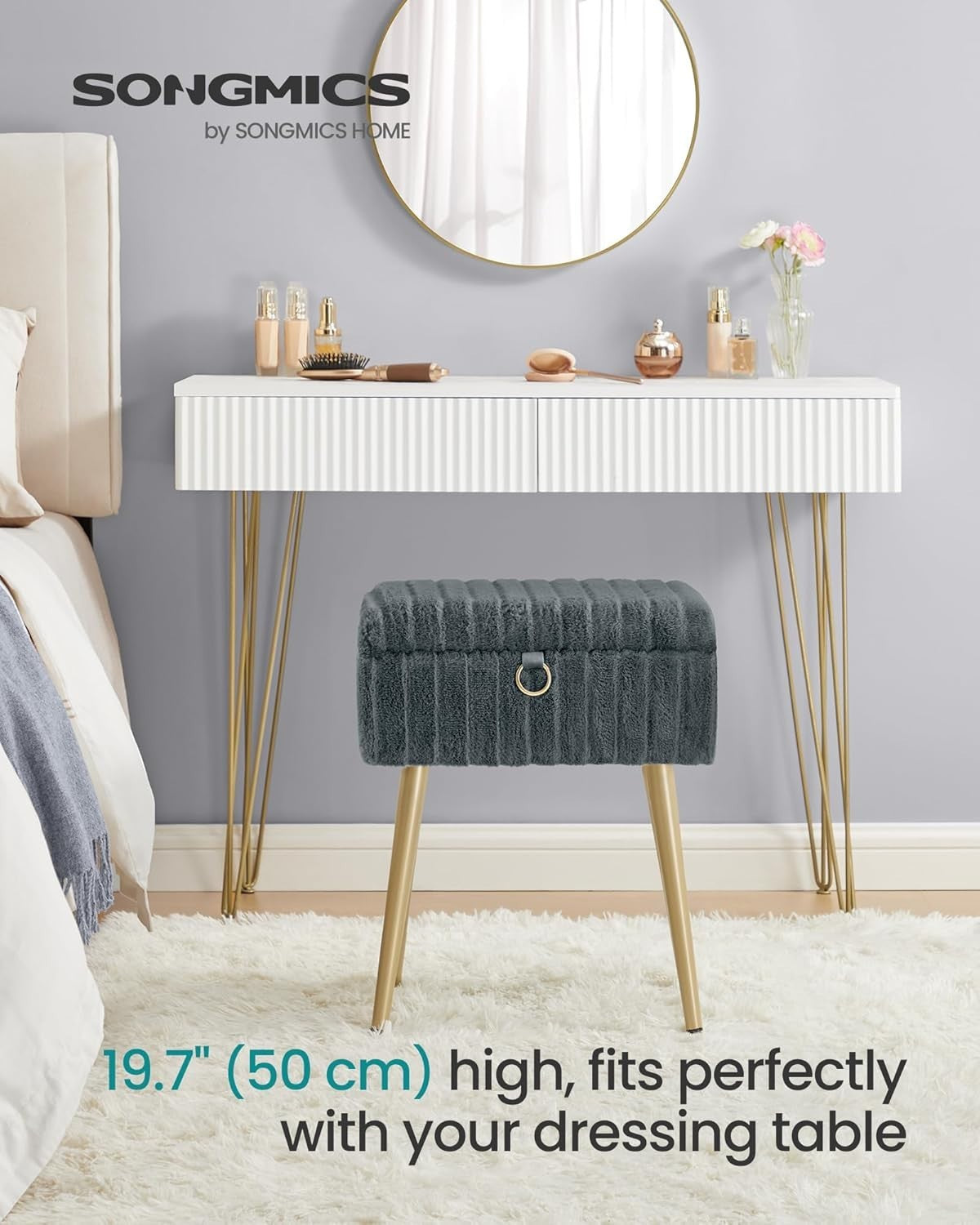 Slate Grey Vanity Stool with Storage Plush Seat Footrest Ottoman Chair