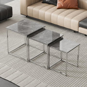 3 Nesting Coffee Side Tables Set Grey Marble Wood Square Space Saving Accent