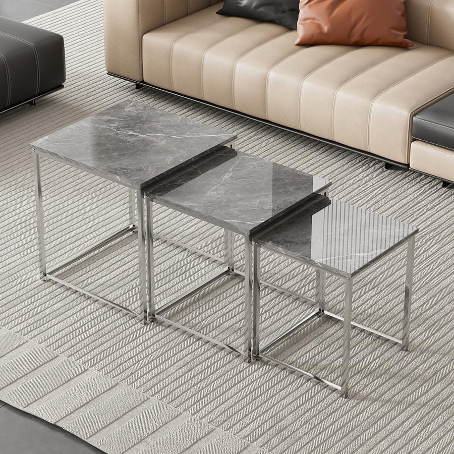 3 Nesting Coffee Side Tables Set Grey Marble Wood Square Space Saving Accent