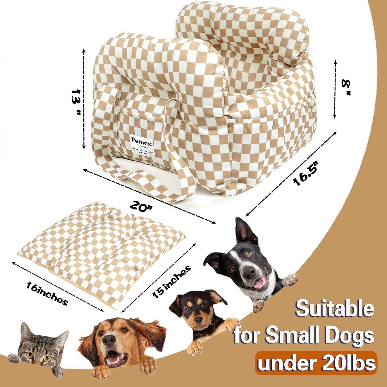 Dog Car Booster Seat Pet Travel Carrier Bed Safety Leash Checkered Khaki