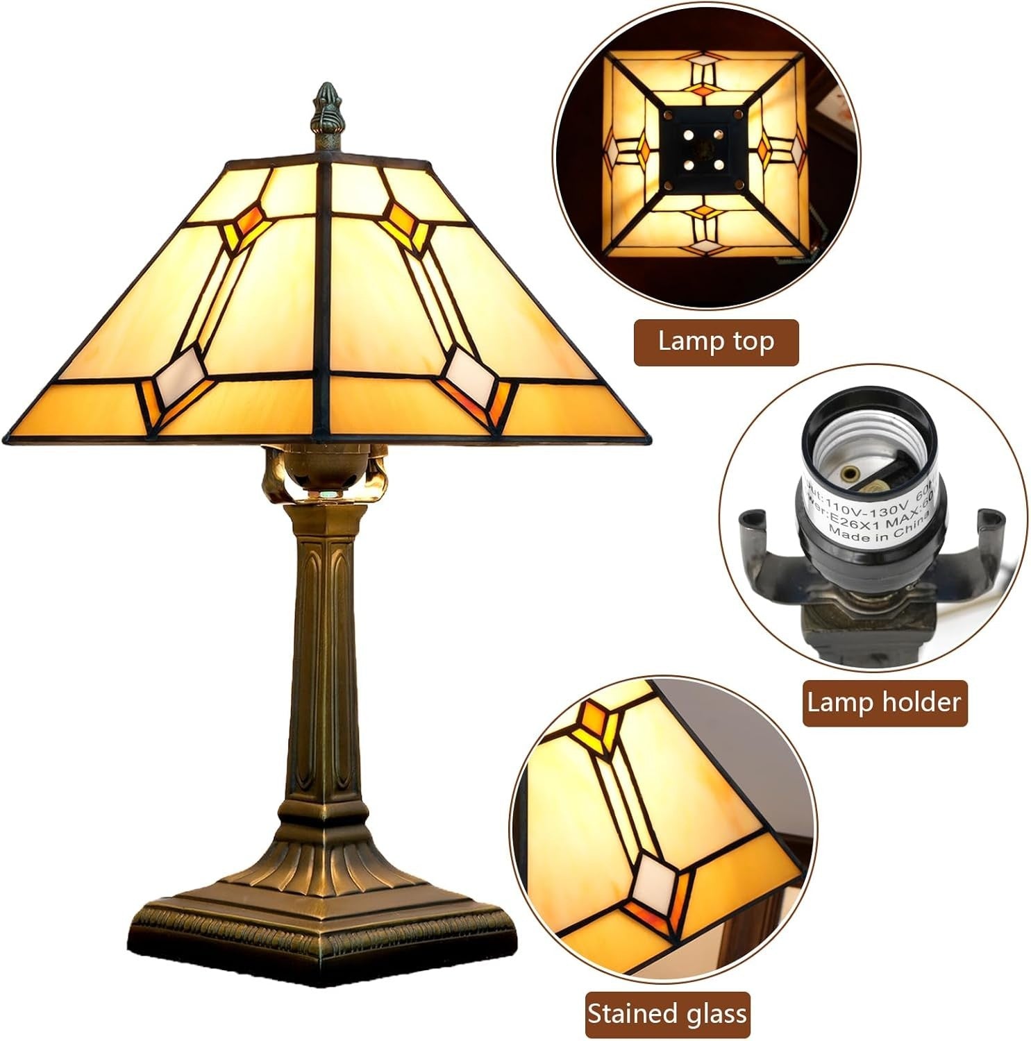 Stained Glass Tiffany Table Lamp Antique Square Bedside Desk Light