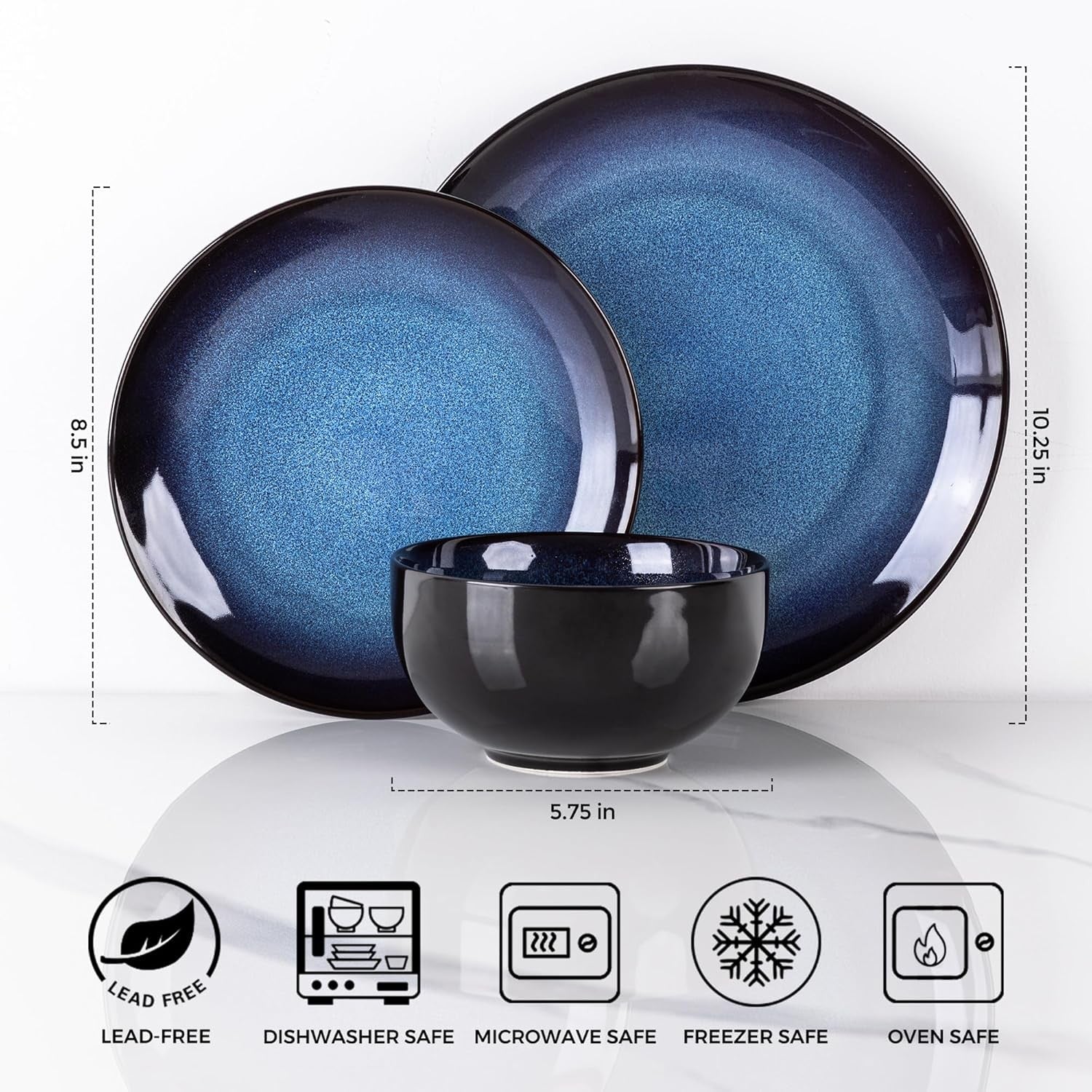 18 Piece Stoneware Dinner Set for 6 Blue Reactive Glaze Plates Bowls
