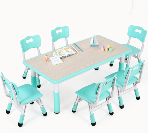 Kids Table and 6 Chairs Set Adjustable Height Study Dining Furniture Green