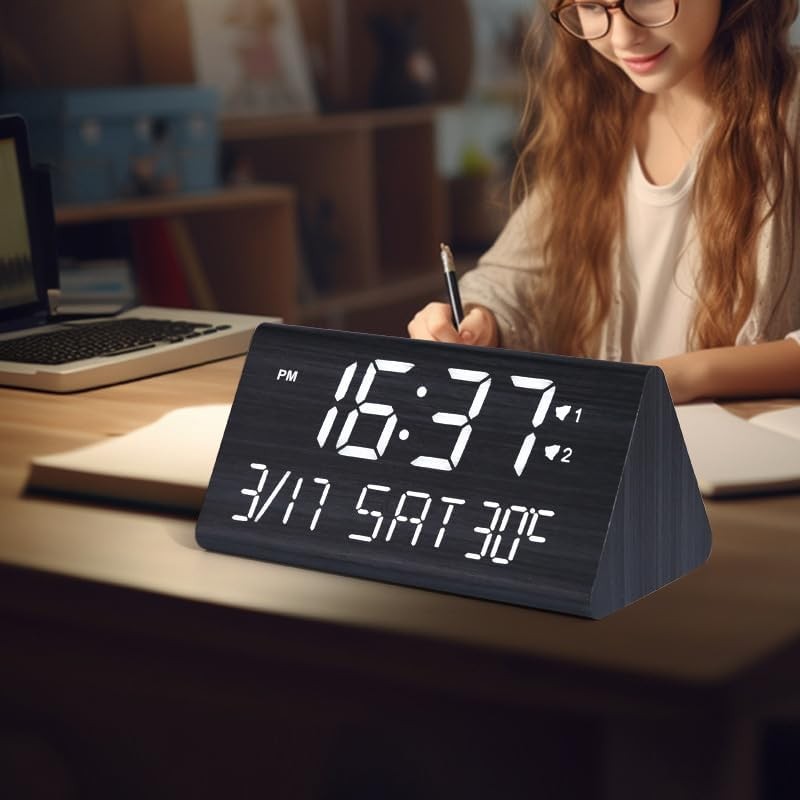 Wooden Digital Alarm Clock LED Large Display USB Charger Loud Snooze