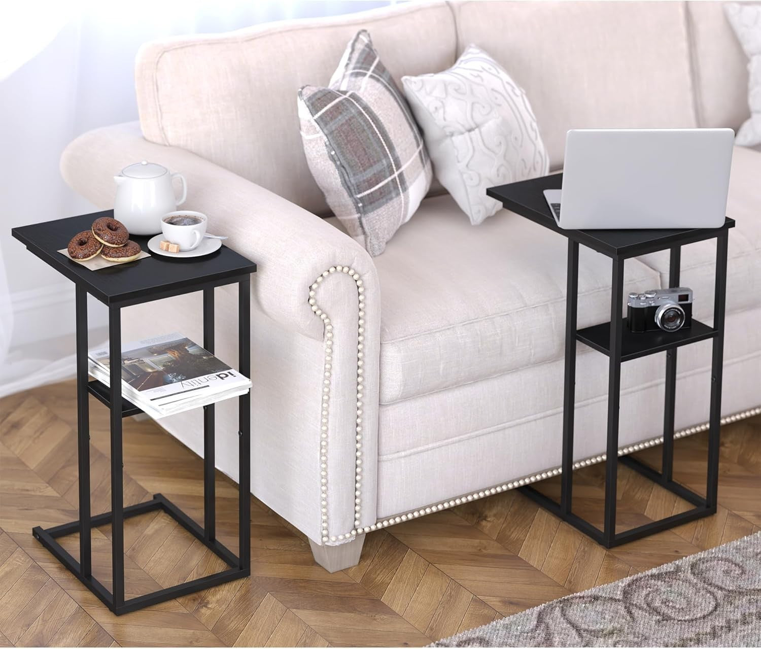C-Shaped Narrow Side Table with Storage, Slide-Under Sofa Couch Bed