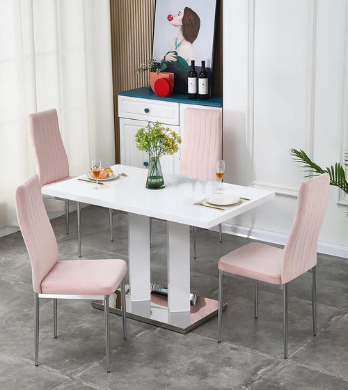Modern 4-Seater Dining Set with White Gloss Table & Pink Velvet Chairs