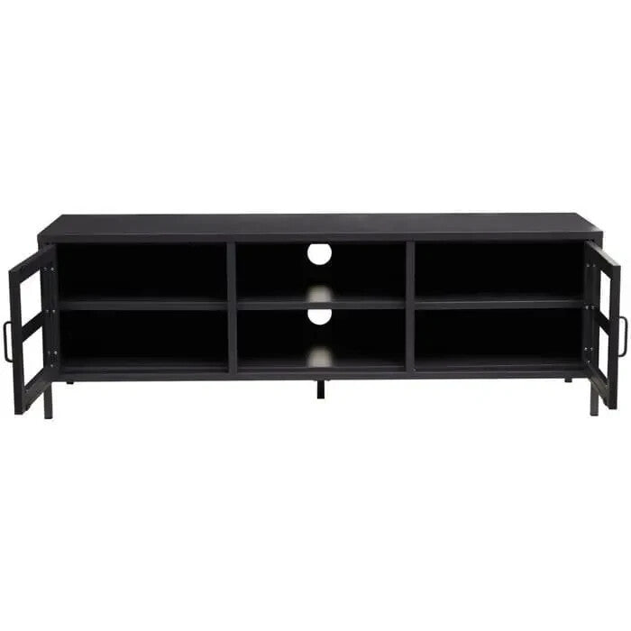 Industrial Black Metal TV Stand – Glass Doors Media Console Cabinet Unit