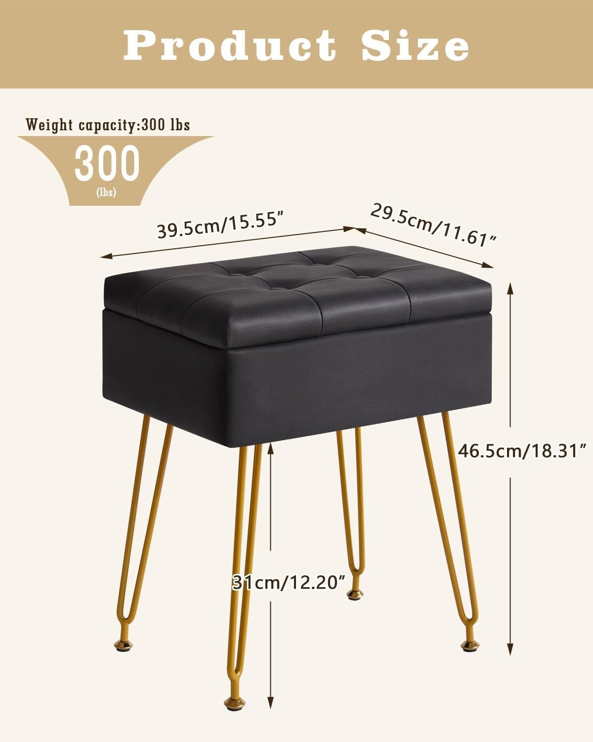 Black PU Leather Vanity Stool with Storage & Flip Tabletop – Metal Legs