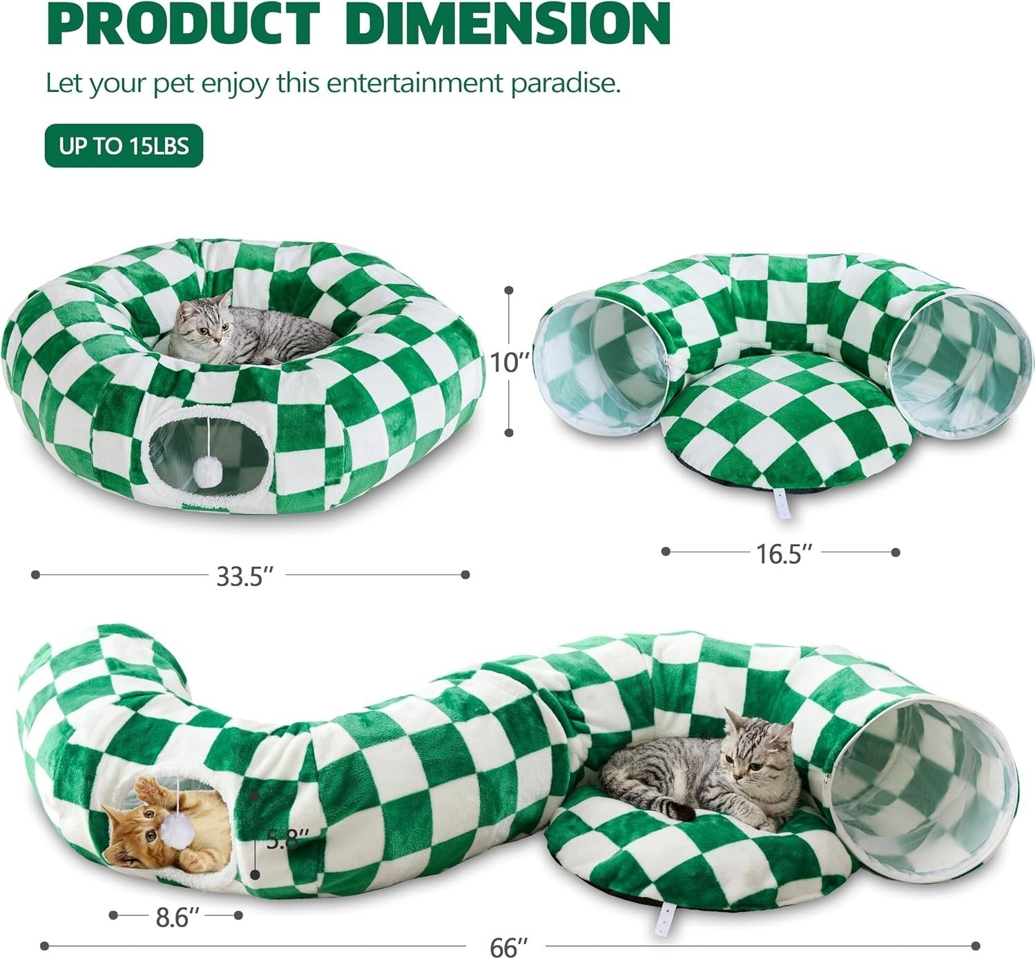 Checkered Cat Donut Tunnel Bed Peekaboo Cave w Cushion & Ball Toy