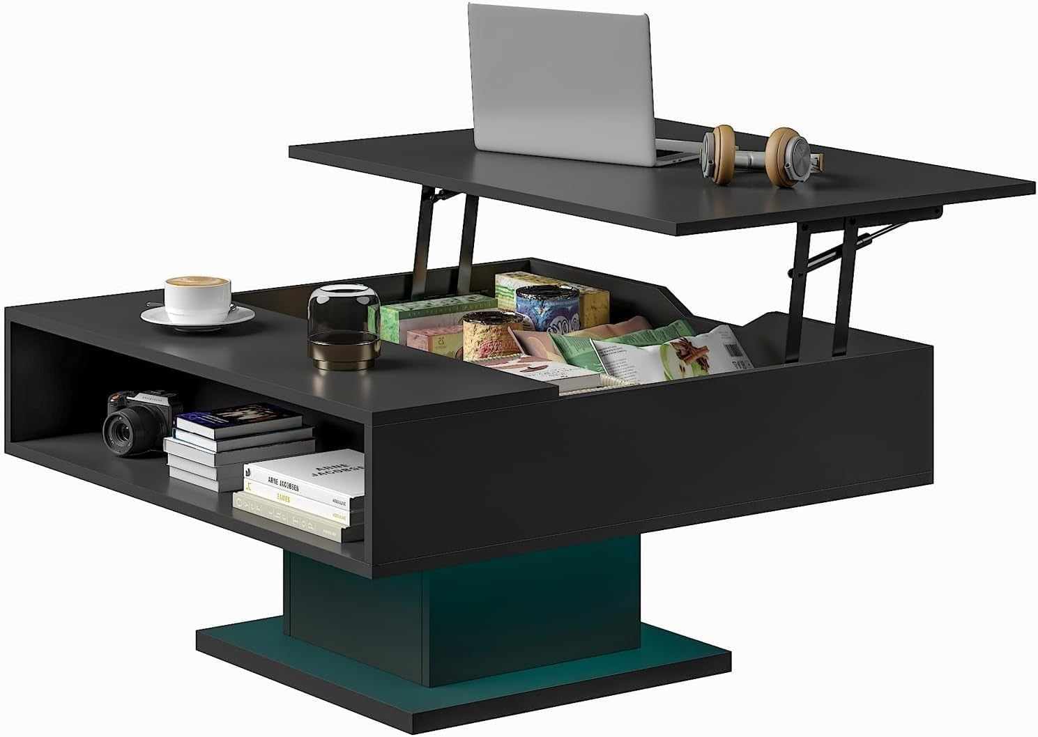 Lift Top LED Coffee Table with Storage 78x78cm – Black Modern Living Room