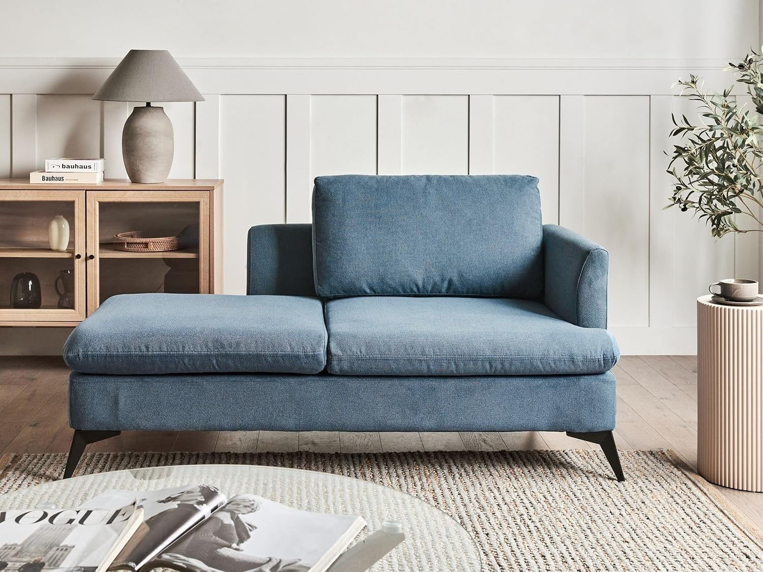 Modern Right Hand Blue Chaise Lounge with Cushion | Durable Polyester & Metal Le