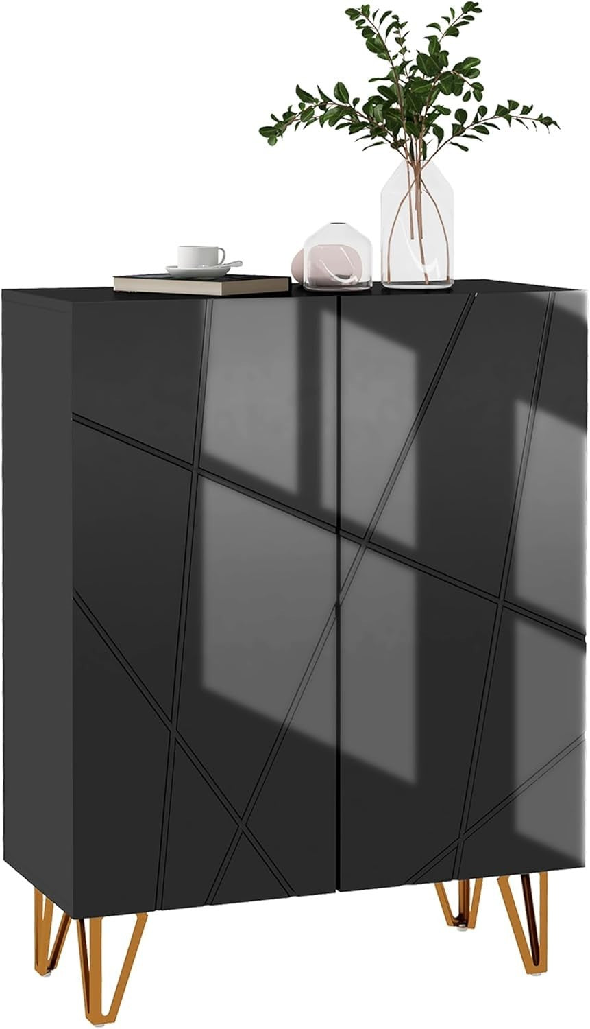 Slim High Gloss Black Shoe Cabinet with Soft-Close Doors & Adjustable Shelves