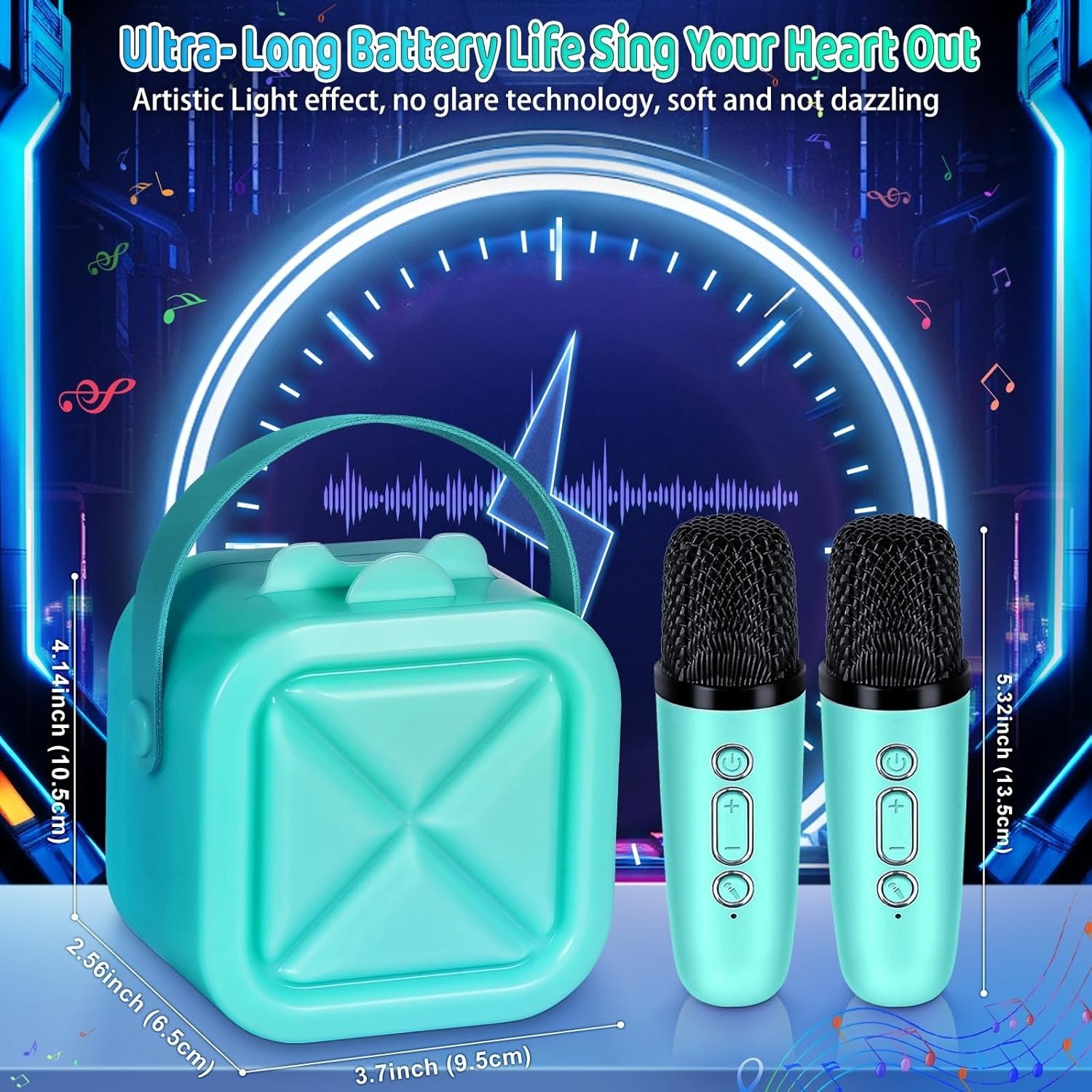 Light Blue Kids Karaoke Machine with 2 Mics Bluetooth LED Speaker