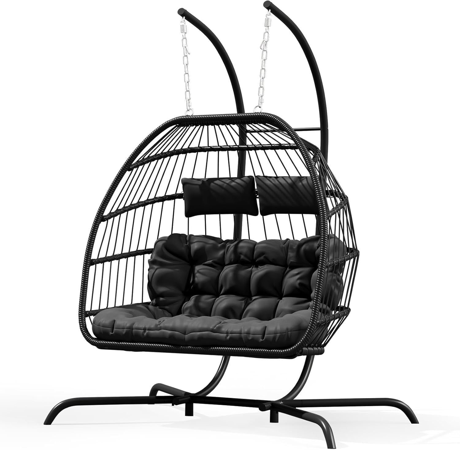 Double Hanging Egg Chair with Stand Cushioned PE Wicker Swing Seat