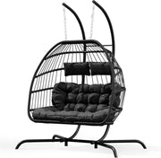 Double Hanging Egg Chair with Stand Cushioned PE Wicker Swing Seat