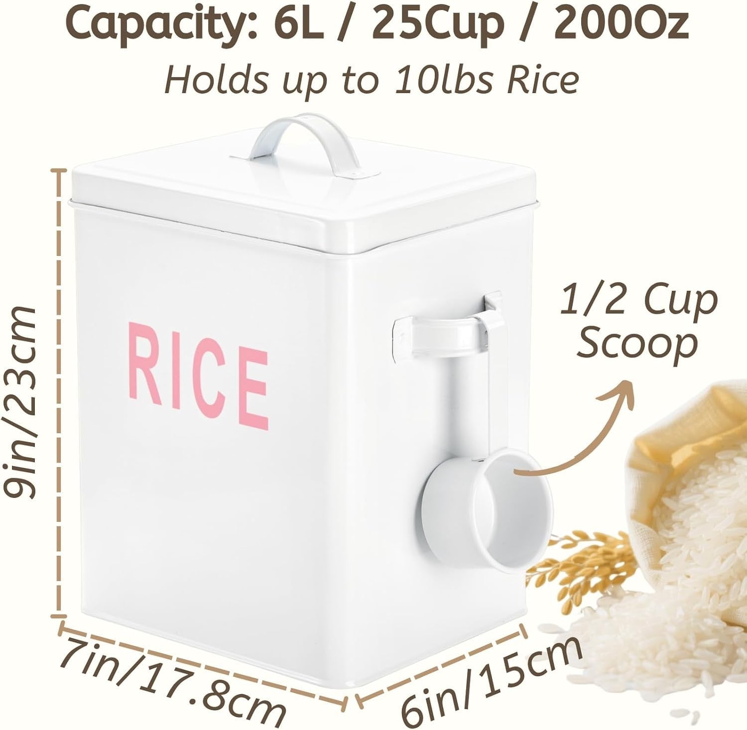 Metal Rice Storage Container 6L Airtight Canister with Scoop Lid