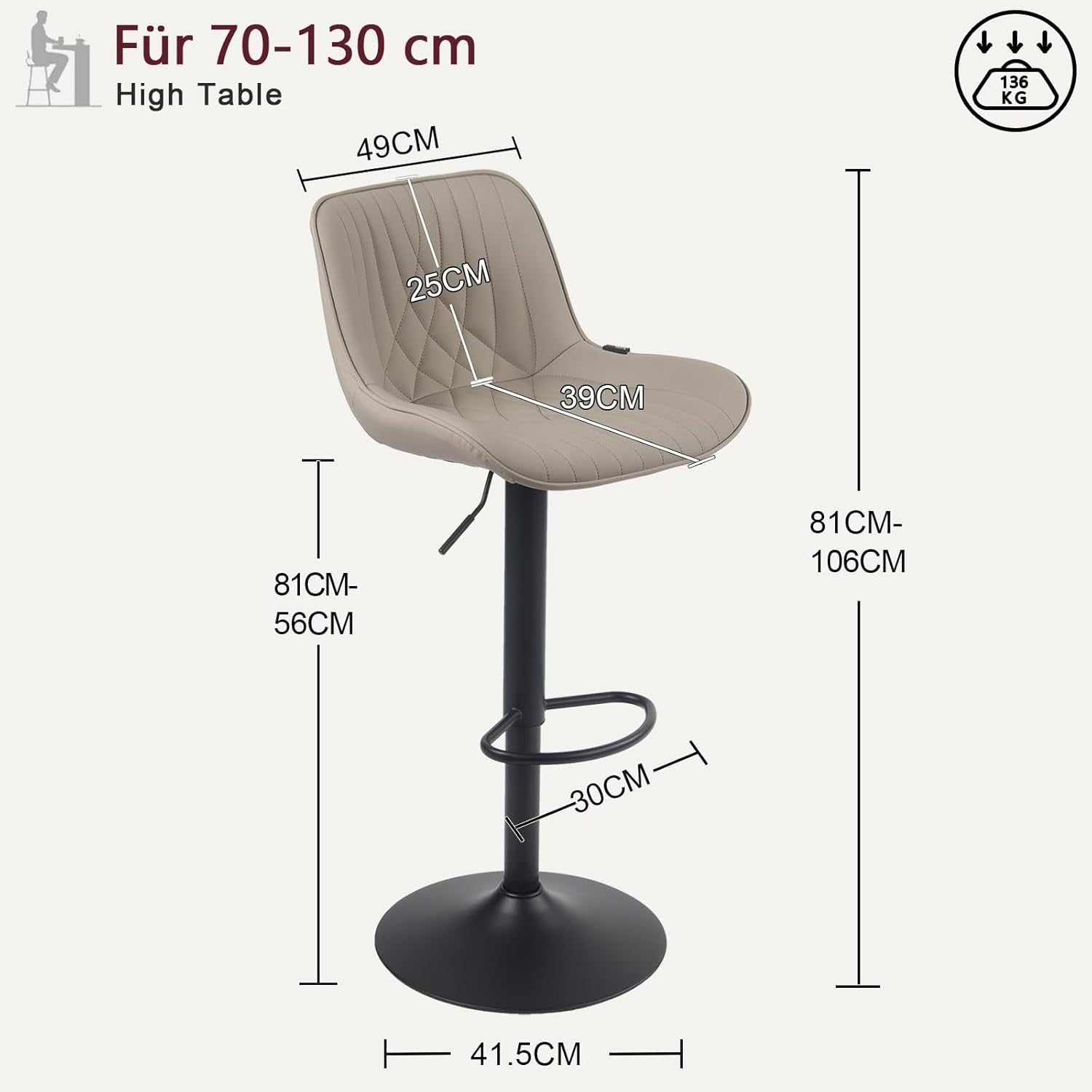 Khaki Bar Stool PU Leather Swivel Height Adjustable Kitchen Chair