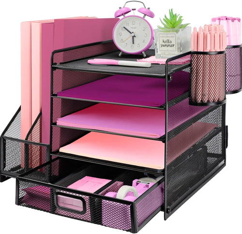 5 Tier Desk Organizer File Holder Drawer Mesh Paper Tray Office Black