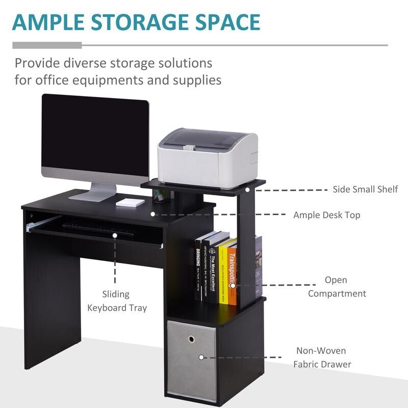 Black Computer Desk with Keyboard Tray & Storage Drawer – Home Office