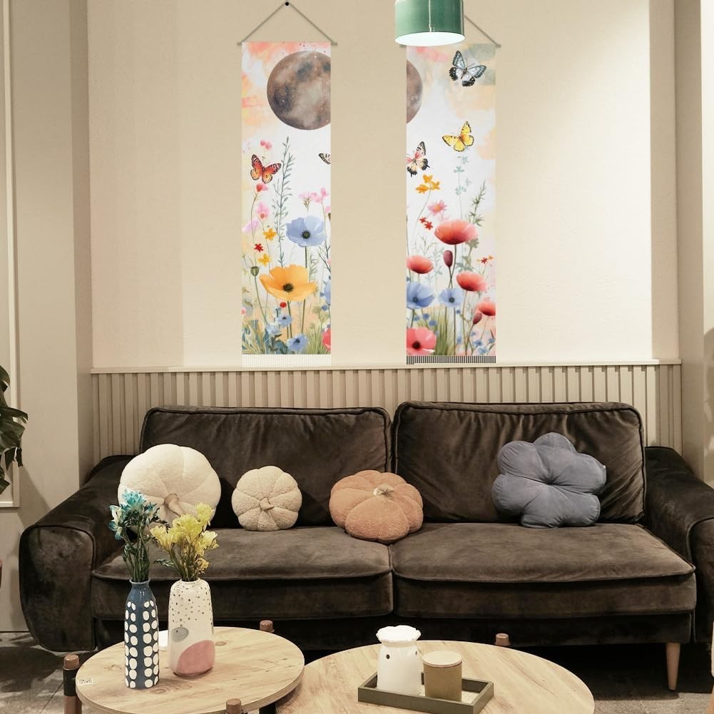 Boho Beige Flower Tapestry 2pcs 45.7x13in Butterfly Wall Decor