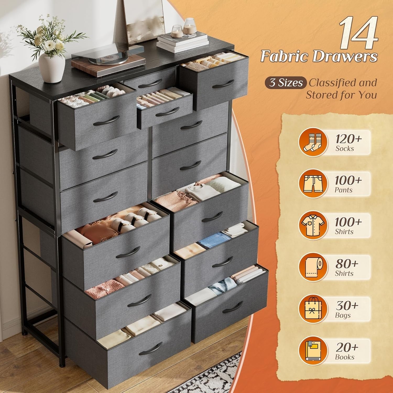 Tall Fabric Chest of 14 Drawers Storage Unit Grey, Bedroom Dresser