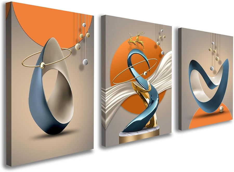 3-Piece Abstract Canvas Wall Art Blue Gold Orange Modern Decor