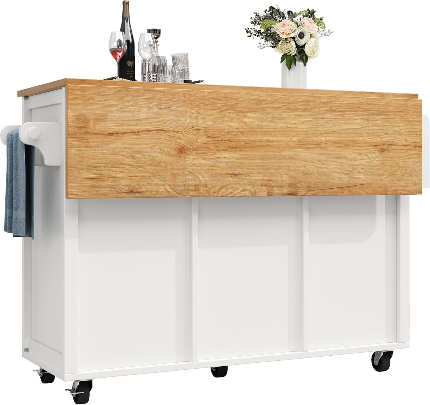 Rolling Kitchen Island Cart with Foldable Tabletop, Storage Drawers & Spice Rack