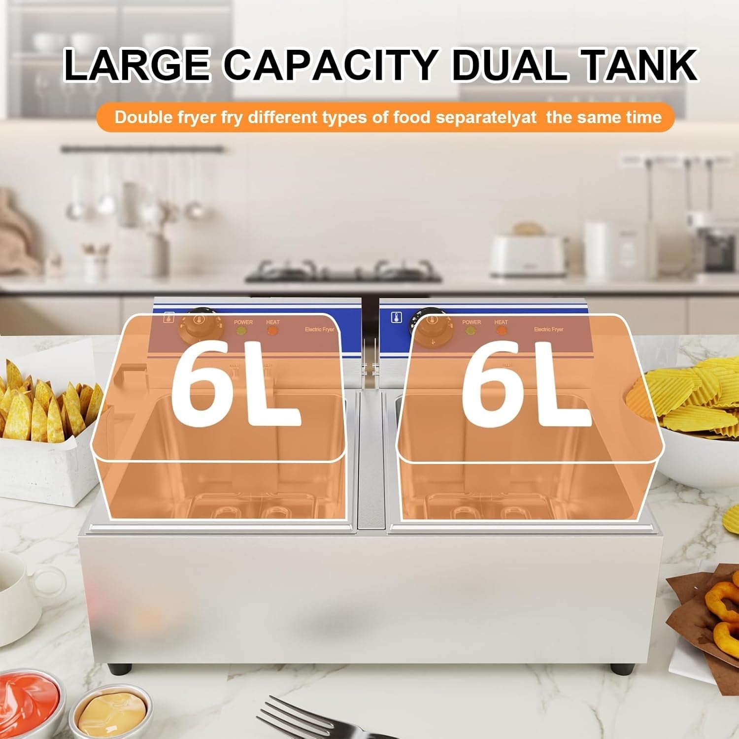 Double Tank Electric Chip Fryer 6L+6L Stainless Steel UK Plug