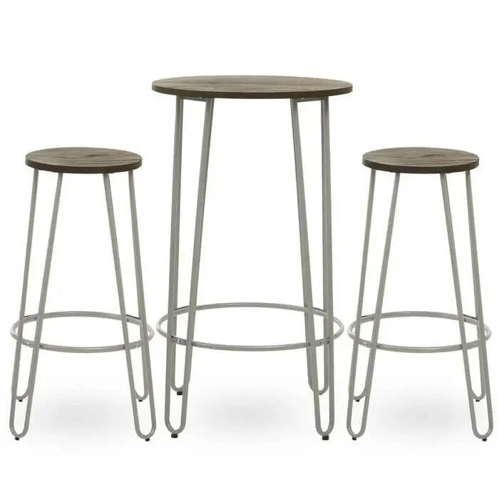 3Pc Bar Table and Stool Set Elm Wood Top Hairpin Legs Industrial Style