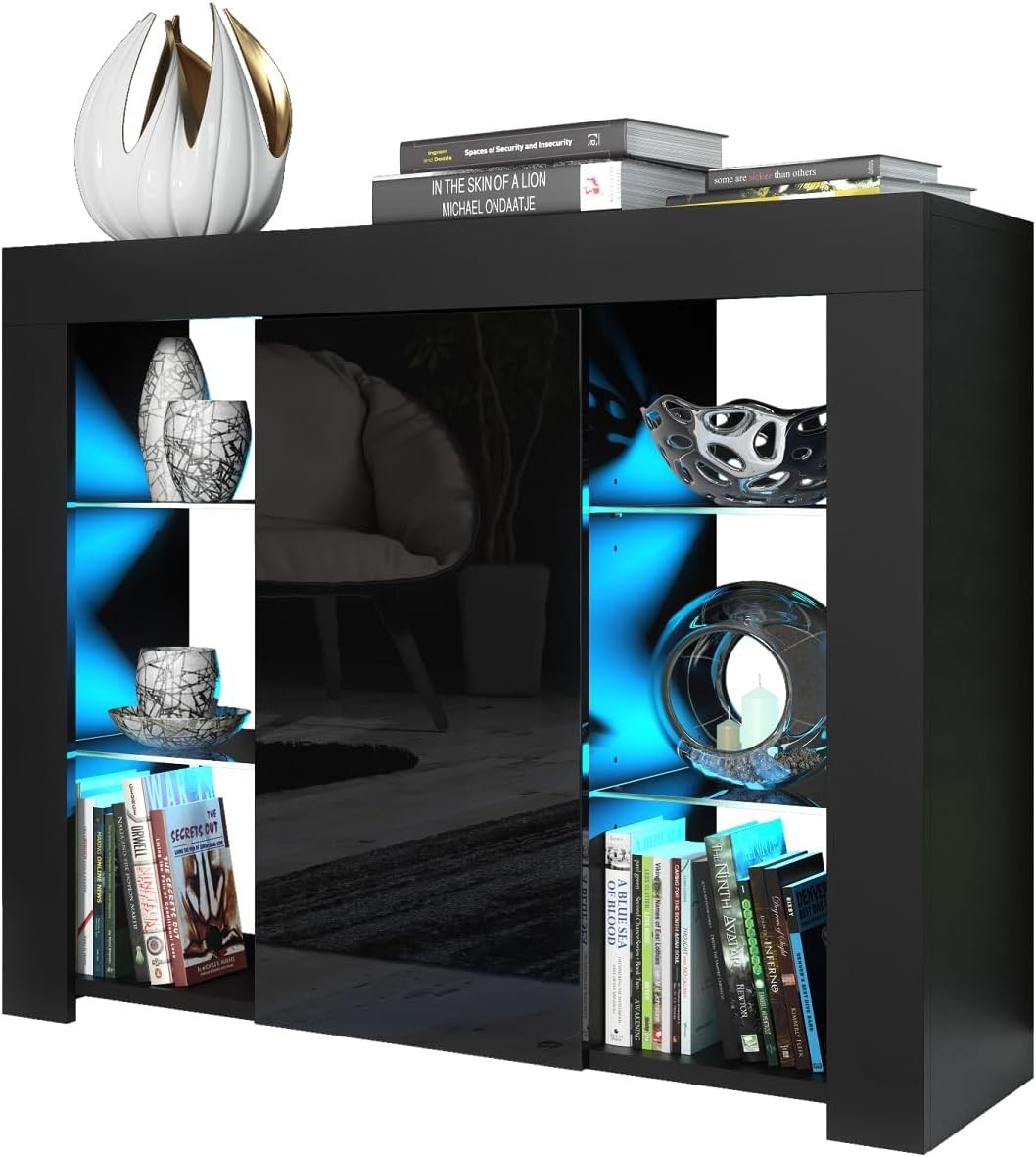 97cm Black Sideboard Cabinet Gloss Doors LED Light Adjustable Shelves