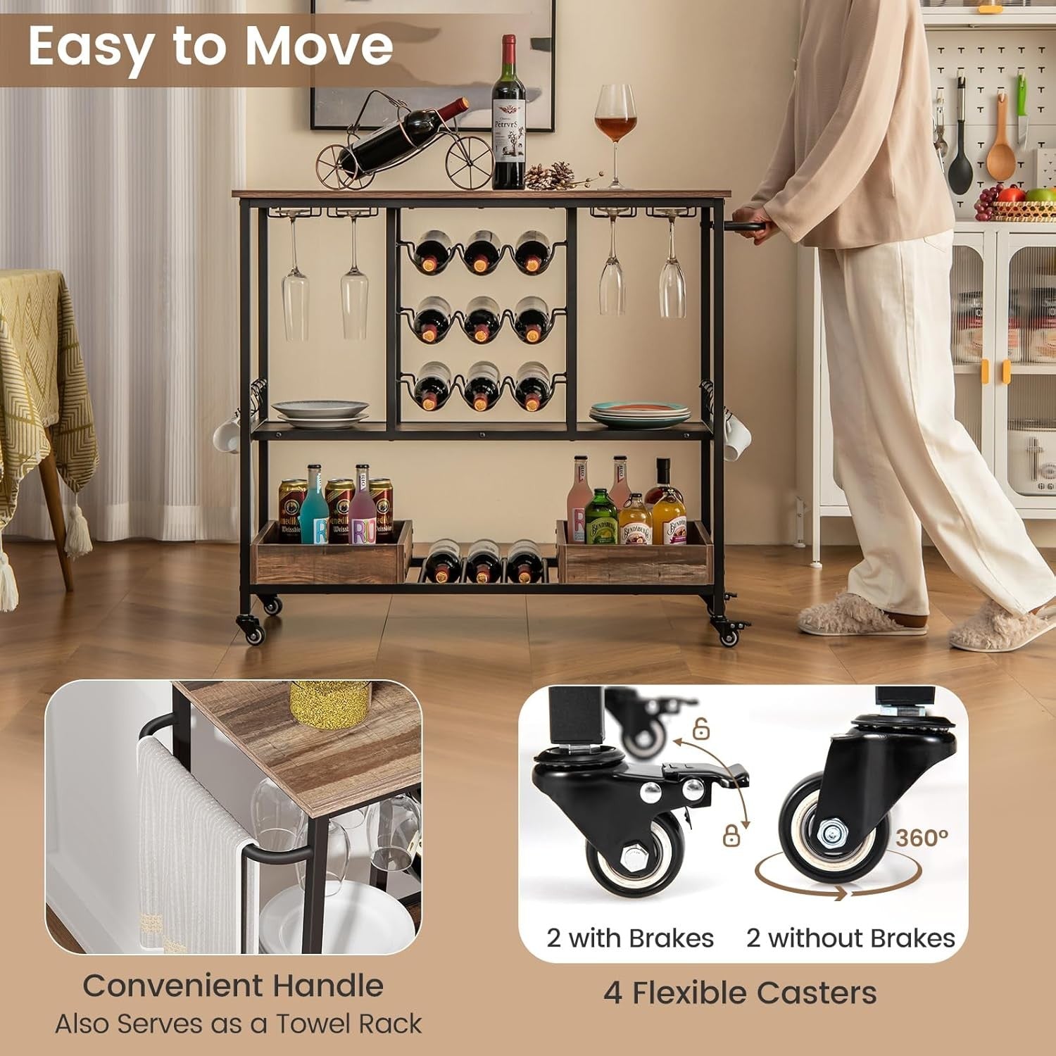 Kitchen Serving Trolley Bar Cart Wine Rack Glass Holder Lockable Wheels