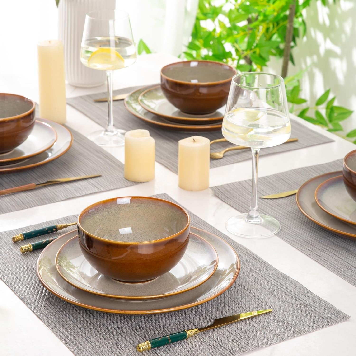 18 Piece Stoneware Dinner Set for 6 Cappuccino Reactive Glaze Plates Bowls