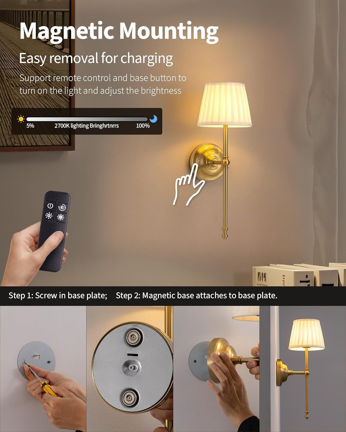 Cordless Rechargeable LED Wall Sconces with Remote, Dimmable, 5200mAh
