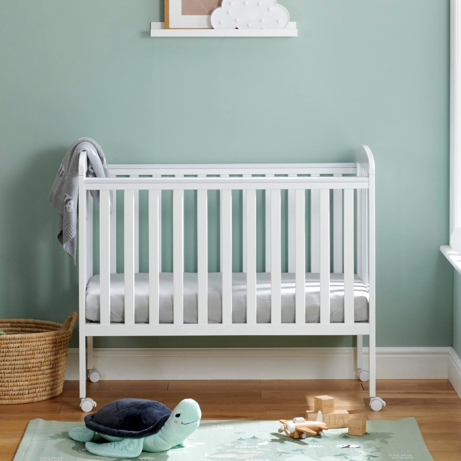 Space Saver Baby Cot Bed Adjustable Height with Wheels White Compact Crib White