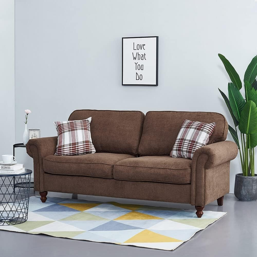 Brown 2 Seater Linen Sofa Couch Retro Style Small Space Living Room Settee