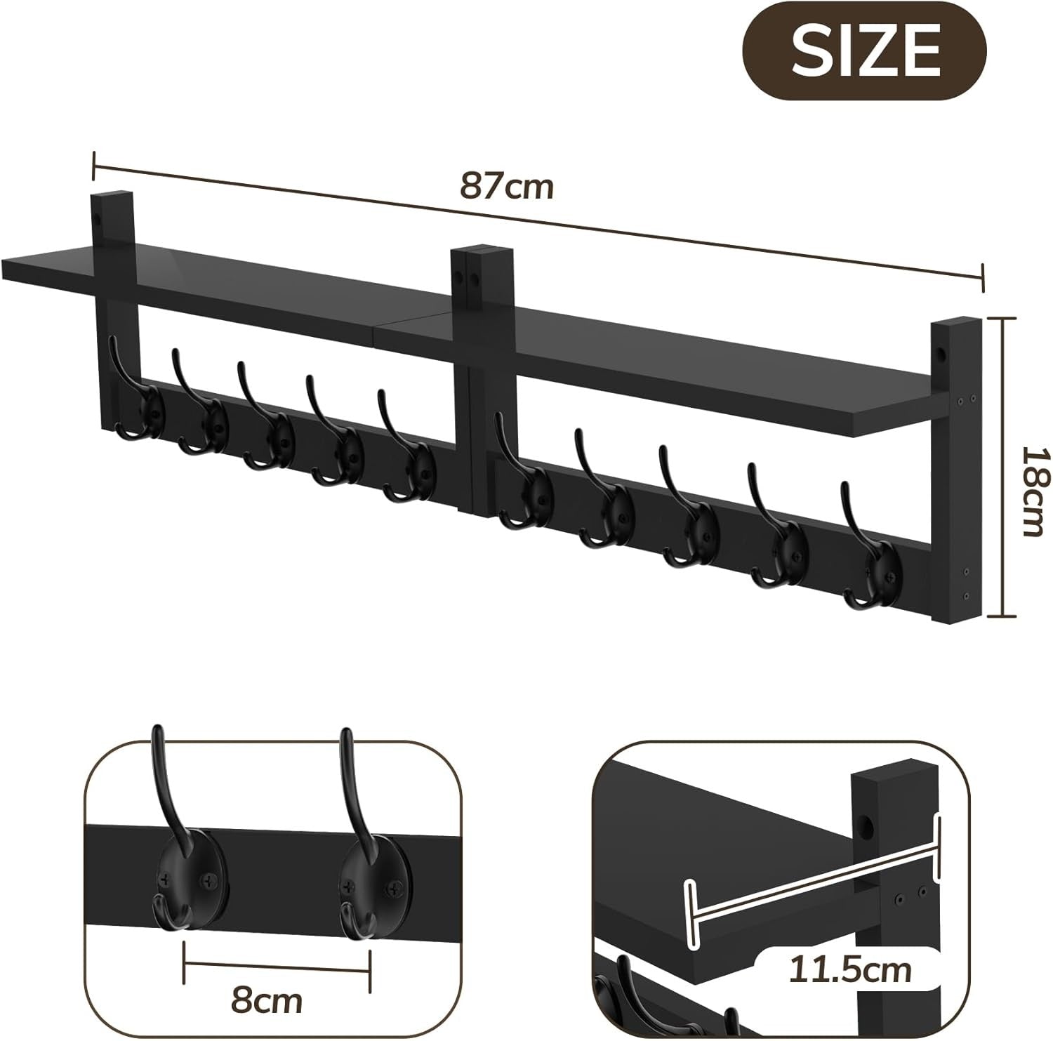 Wooden Wall Coat Rack with Shelf 87cm | 10 Hooks for Coats Hats Keys