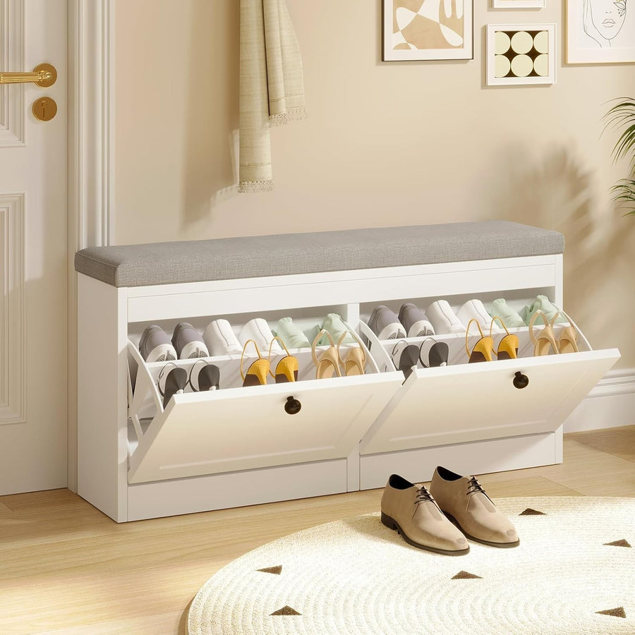 White Flip Drawer Shoe Storage Bench with Padded Seat & Adjustable Shelves