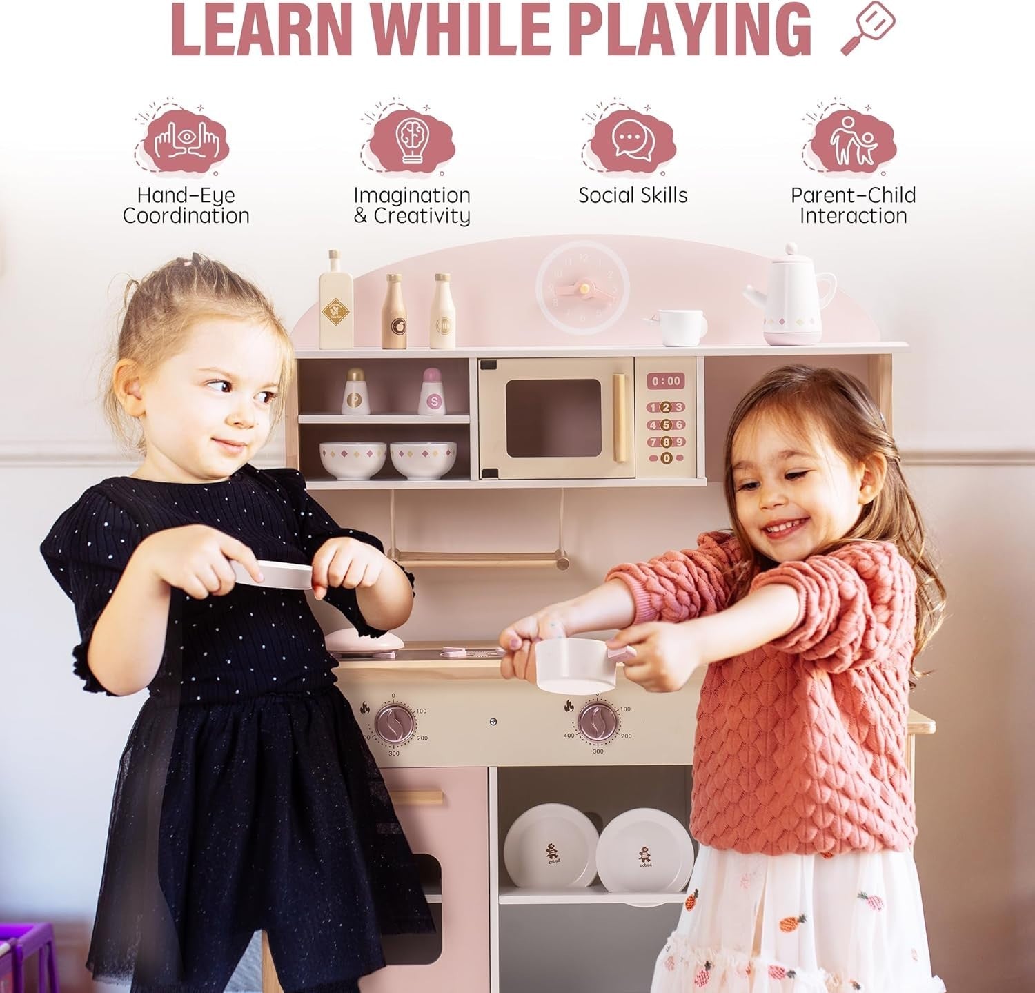 Wooden Kids Play Kitchen Pink w/ Accessories Oven Tea Set Toy