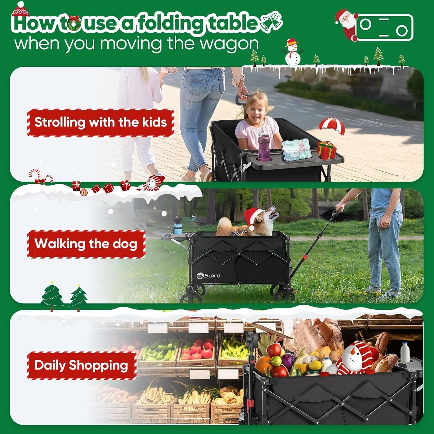 Black 250L Folding Wagon with Table Heavy Duty 330lbs Outdoor Trolley