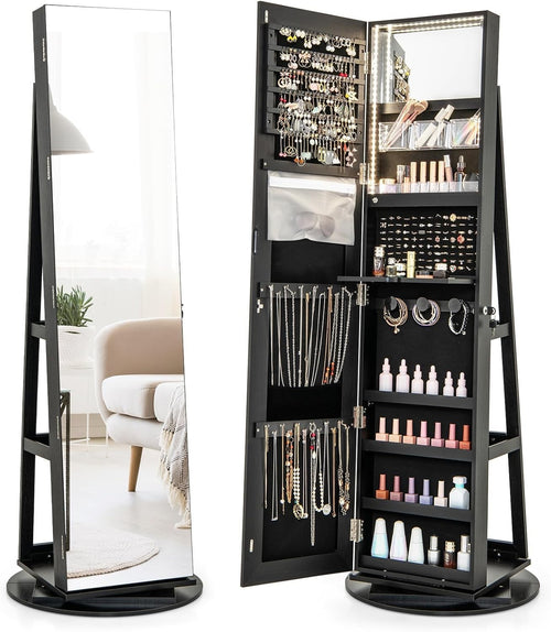 360° Swivel Jewelry Armoire Lockable Full Length Mirror LED Storage Black