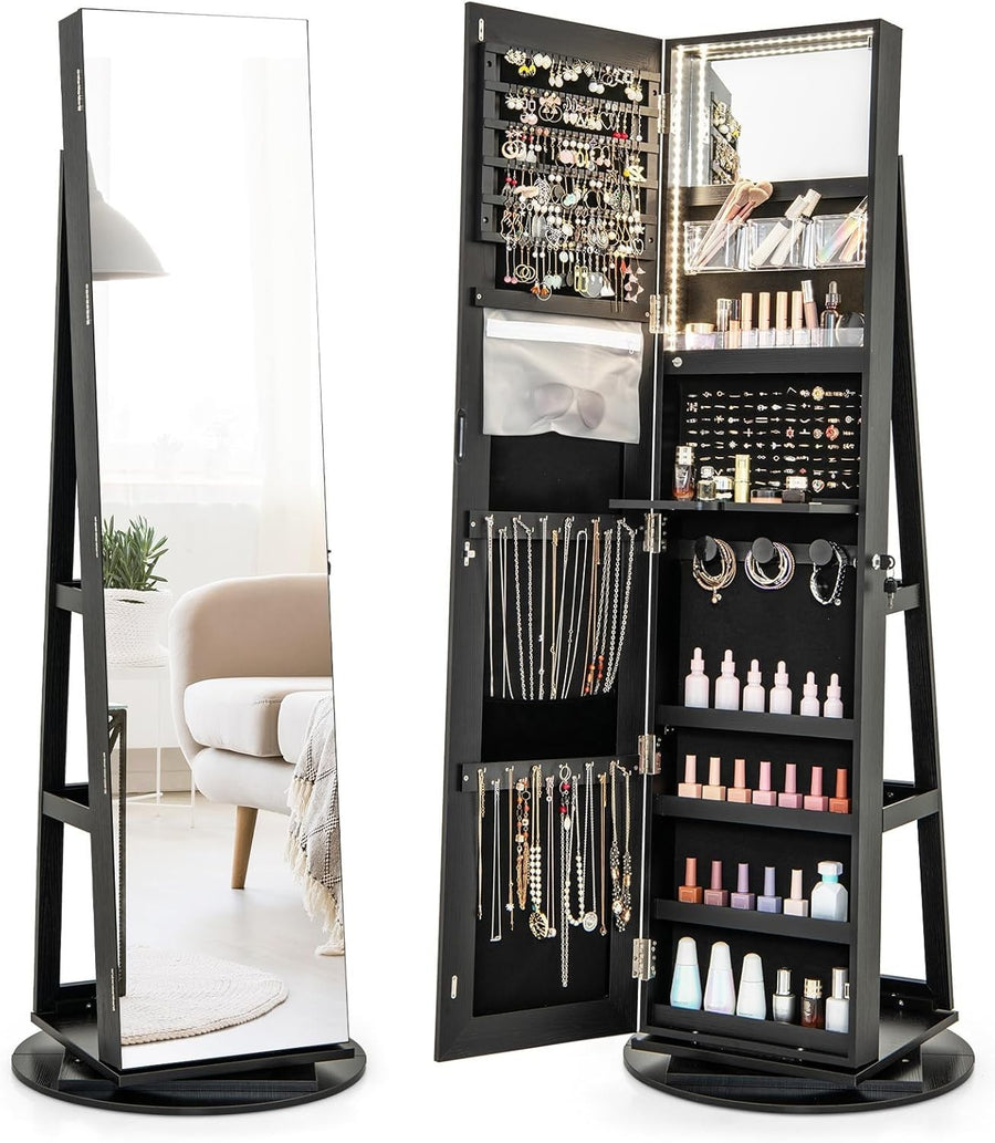 360° Swivel Jewelry Armoire Lockable Full Length Mirror LED Storage Black