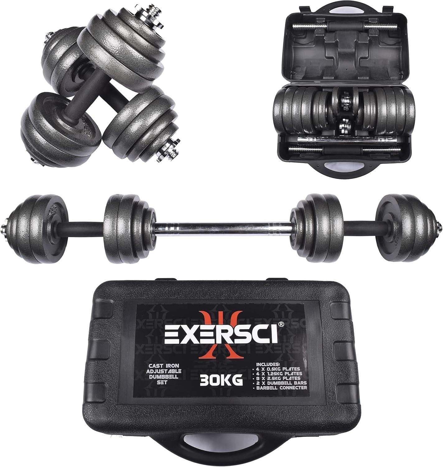 30kg Adjustable Cast Iron Weights Dumbbell Barbell Home Gym Set