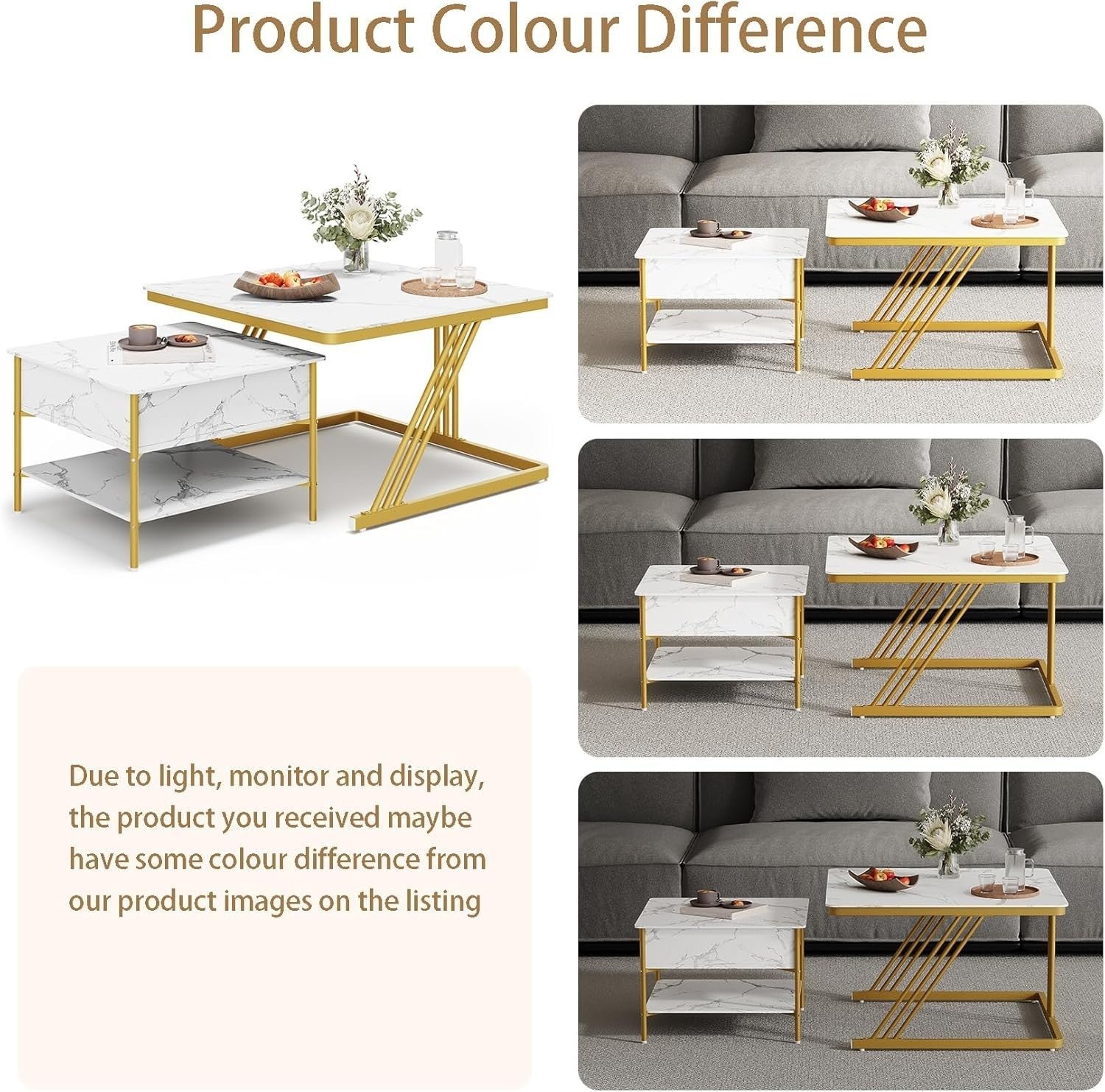 Nesting Coffee Table Set 2 Square Lift Top Storage Gold White Living Room