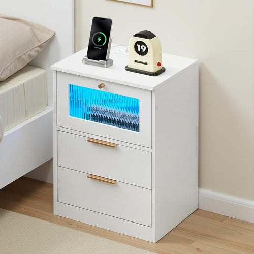 Modern White Bedside Table with LED Light & Charging Ports | 2 Drawer Nightstand