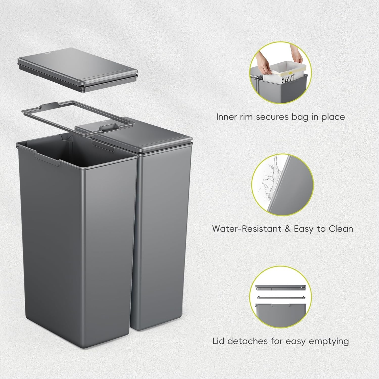 60L Double Kitchen Recycling Bin 2x30L Touch Lid Slim Grey Set